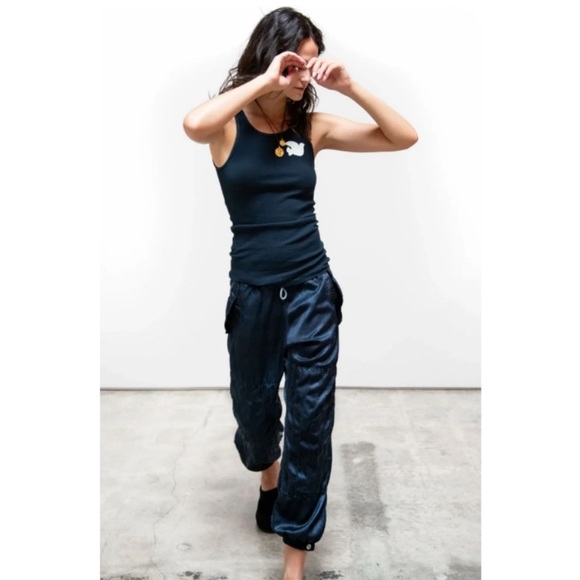 Freecity Womens Flap Snap Satin Jump Pant Color BluePlant Glass Size S - Picture 1 of 9